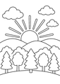 Coloriage automne : soleil levant derrière les collines boisées à imprimer