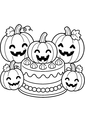 Coloriage bonbons et friandises halloween : citrouilles souriantes autour d'un gâteau à imprimer
