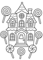Coloriage bonbons et friandises halloween : maison hantée entourée de sucettes à imprimer