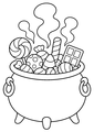Coloriage bonbons et friandises halloween : chaudron fumant rempli de friandises à imprimer