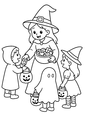 Coloriage bonbons et friandises halloween : sorcière distribuant des chocolats aux enfants à imprimer