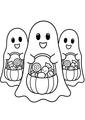 Coloriage bonbons et friandises halloween : fantômes portant des paniers de sucreries à imprimer