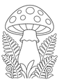 Coloriage Champignons : un champignon géant au milieu des fougères à imprimer