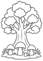 Coloriage des champignons sous un arbre majestueux à imprimer