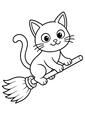 Coloriage Chats noirs Halloween : chat noir chevauchant un balai volant à imprimer