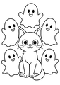 Coloriage Chats noirs Halloween : chat noir entouré de fantômes souriants à imprimer