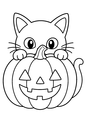 Coloriage Chats noirs Halloween : chat noir caché derrière une citrouille à imprimer
