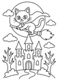 Coloriage Chats noirs Halloween : chat noir survolant un château hanté à imprimer
