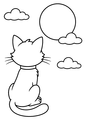Coloriage Chats noirs Halloween : chat noir observant une lune ronde à imprimer