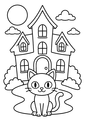 Coloriage Chats noirs Halloween : chat noir devant une maison hantée à imprimer