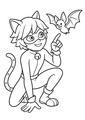 Coloriage Chats noirs Halloween : chat noir jouant avec une chauve souris à imprimer
