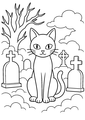 Coloriage Chats noirs Halloween : chat noir dans un cimetière brumeux à imprimer