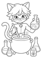 Coloriage Chats noirs Halloween : chat noir préparant une potion magique à imprimer