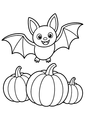 Coloriage Chauves souris : chauve-souris volant parmi des citrouilles à imprimer