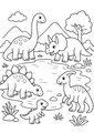 Coloriage quatre dinosaures autour d'un étang à imprimer