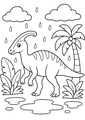 Coloriage dinosaure sous la pluie parmi les palmiers à imprimer