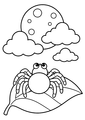 Coloriage Halloween araignées : araignée observant la lune derrière des nuages à imprimer