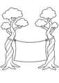 Coloriage Halloween araignées : grande toile entre deux arbres tordus à imprimer