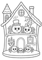 Coloriage Halloween araignées : famille d'araignées réunie dans une maison hantée à imprimer