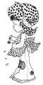 Coloriage Sarah Kay : fillette en robe parmi les feuilles volantes à imprimer