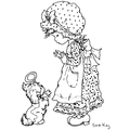Coloriage Sarah Kay : fillette en robe face à un petit chien à imprimer