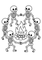 Coloriage squelettes halloween : squelettes faisant la ronde autour du feu à imprimer