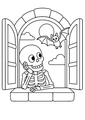 Coloriage squelettes halloween : squelette observant une chauve-souris depuis une fenêtre à imprimer