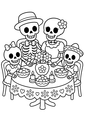 Coloriage squelettes halloween : famille de squelettes réunie autour d'une table décorée à imprimer