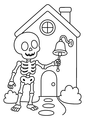 Coloriage squelettes halloween : squelette sonnant une cloche devant une maison à imprimer