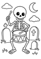 Coloriage squelettes halloween : squelettes jouant du tambour dans le cimetière à imprimer