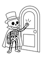 Coloriage squelettes halloween : squelette déguisé frappant à une porte à imprimer