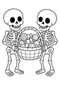 Coloriage squelettes halloween : deux squelettes partageant un grand panier de bonbons à imprimer