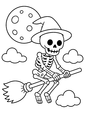 Coloriage squelettes halloween : squelette volant sur un balai au clair de lune à imprimer