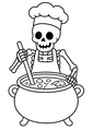 Coloriage squelettes halloween : squelette cuisinant une soupe dans un chaudron à imprimer