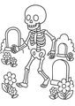Coloriage squelettes halloween : squelette marchant parmi les tombes fleuries à imprimer
