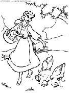 coloriage princesse belle donne a manger aux poules