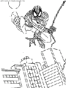 coloriage spiderman sautant au dessus de la ville